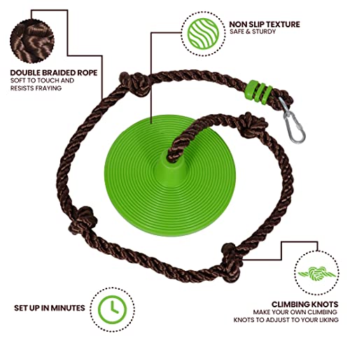 Swurfer Disco - 3 en 1 multiuso para sentarse, soportar y escalar disco columpio, cuerda de escalada resistente – Cuerda de 6 pies con cuatro nudos ajustables, soporta 200 libras, a partir de 6 años, color verde