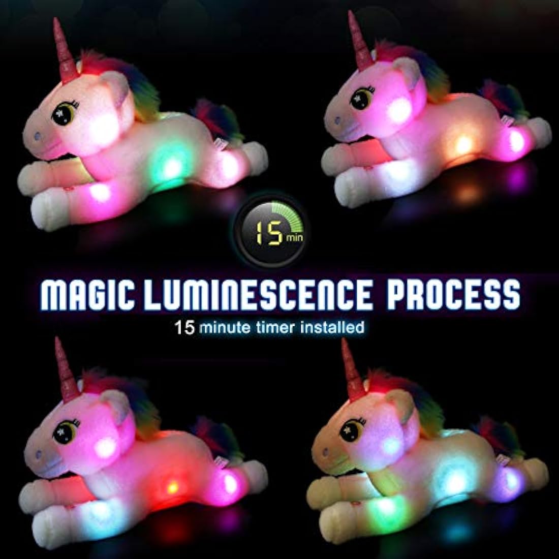 Unicornio de peluche con luces LED que brillan