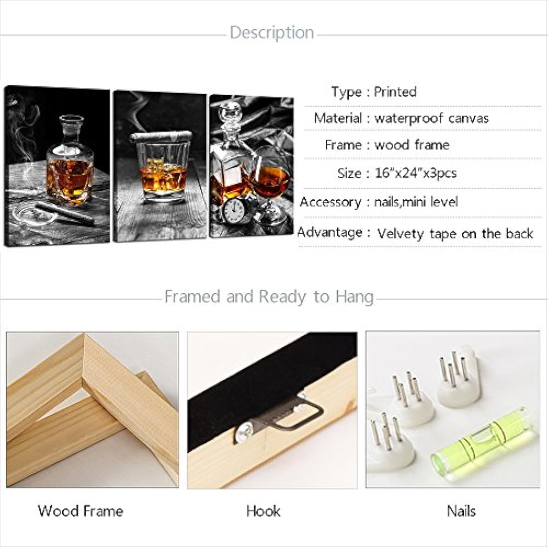 Lienzo decorativo para pared, diseño de whisky de cigarro