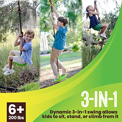 Swurfer Disco - 3 en 1 multiuso para sentarse, soportar y escalar disco columpio, cuerda de escalada resistente – Cuerda de 6 pies con cuatro nudos ajustables, soporta 200 libras, a partir de 6 años, color verde