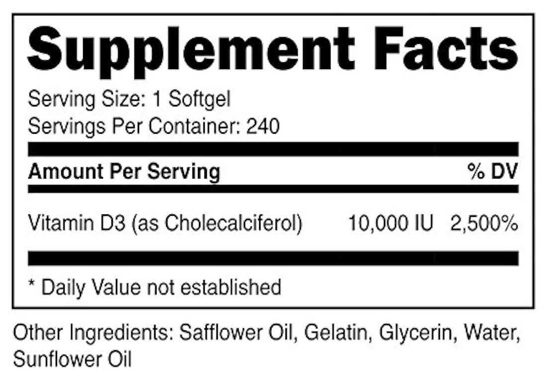 Vitamina D3 10,000 UI, 240 cápsulas de gel blando