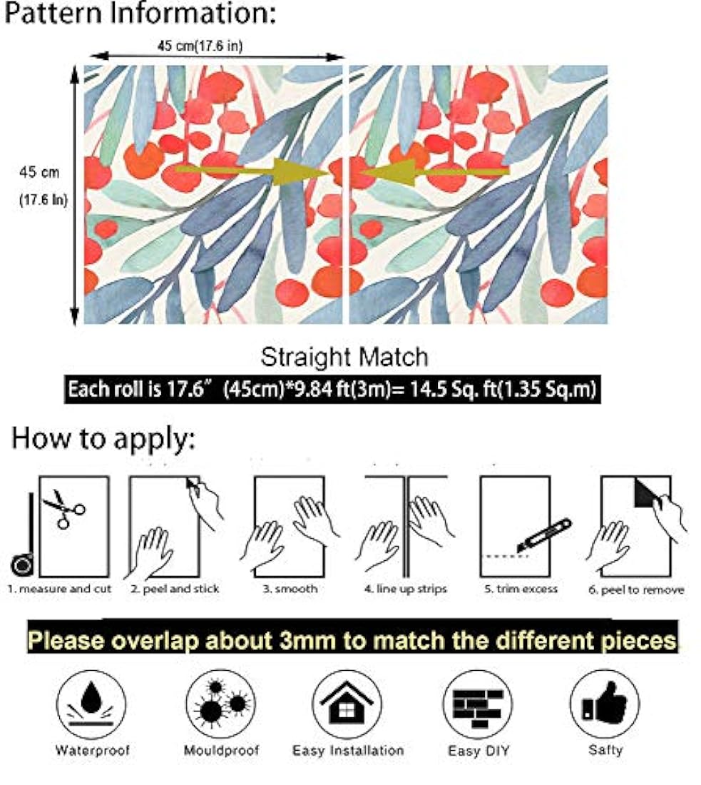 Papel pintado para pared, hojas color verde/azul (14.5pies²)