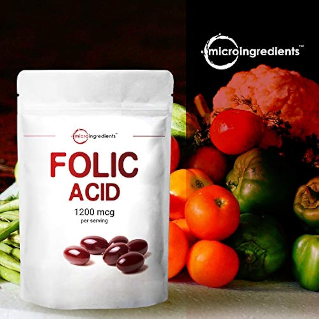 Micro Ingredientes Ácido fólico 1200mcg, 500 cápsulas blandas, Vitamina de Ácido fólico Premium, Apoya la Salud del Corazón y el Desarrollo Prenatal, sin OMG y sin gluten