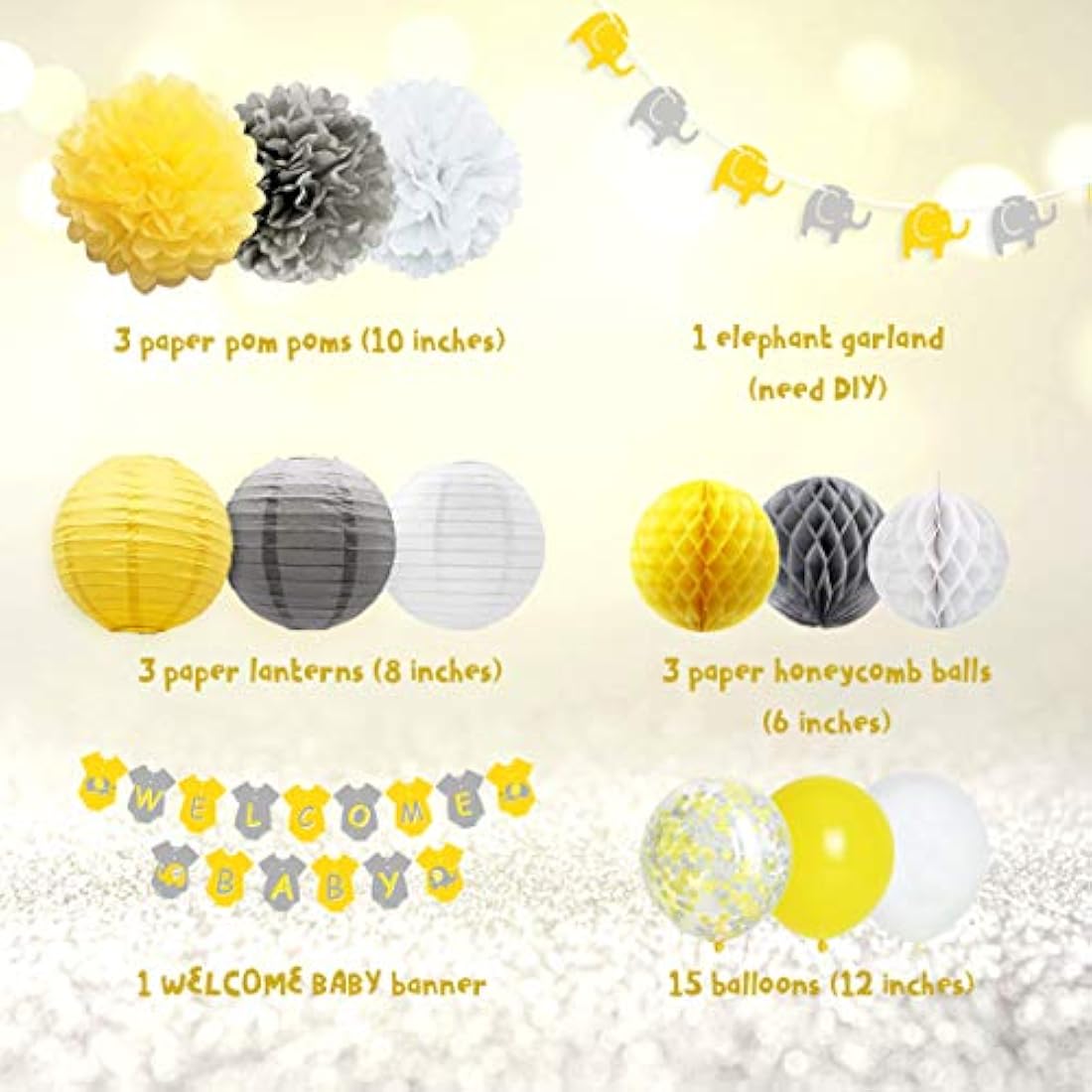 Decoracion para baby shower/amarillo-gris-blanco.Marca Pyle