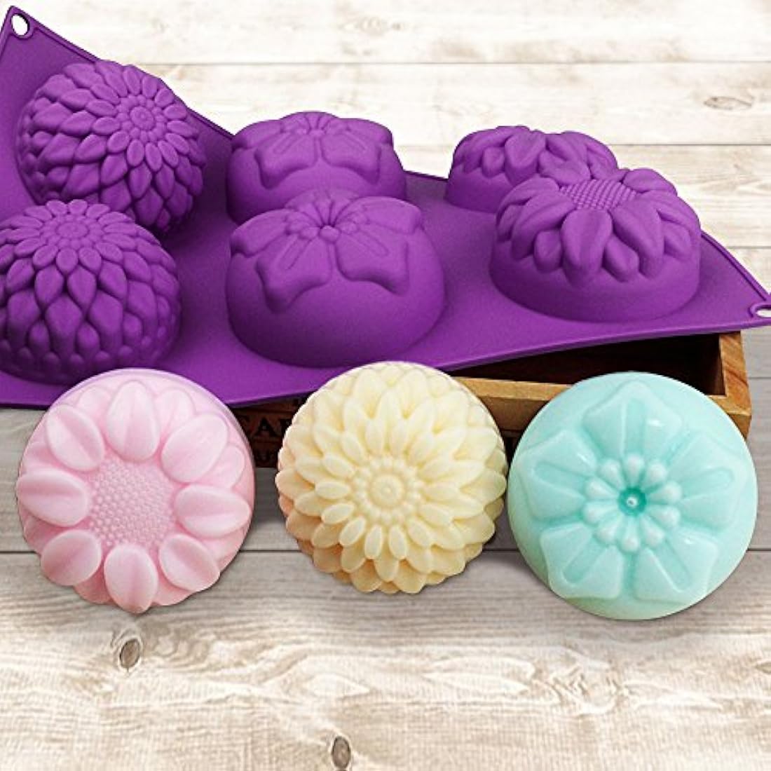 6-Cavity Silicone Flower Shape Cake Molds, SENHAI 3 Packs Fondant Shape Decorating Ice Cube Trays for Homemade Cake Chocolate Cupcake - Purple Blue Pink