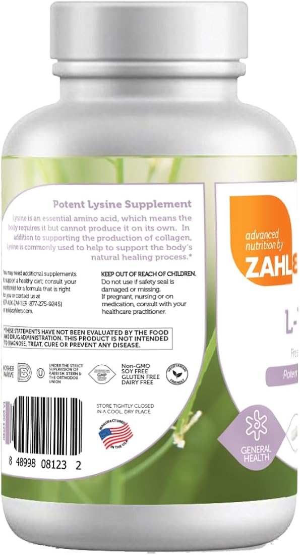 Suplemento L-lisina 500 mg de forma libre, Kosher 60 cáp