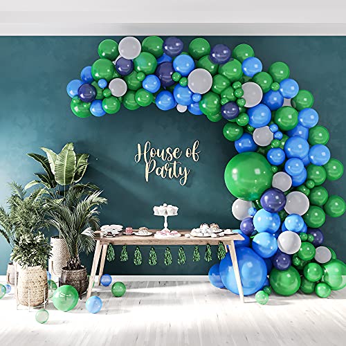 HOUSE OF PARTY Kit de globos de decoración de cumpleaños de dinosaurio, 158 piezas, guirnalda de globos azules y verdes del mundo jurásico | Suministros de fiesta de dinosaurio con temática de globo de safari en la selva