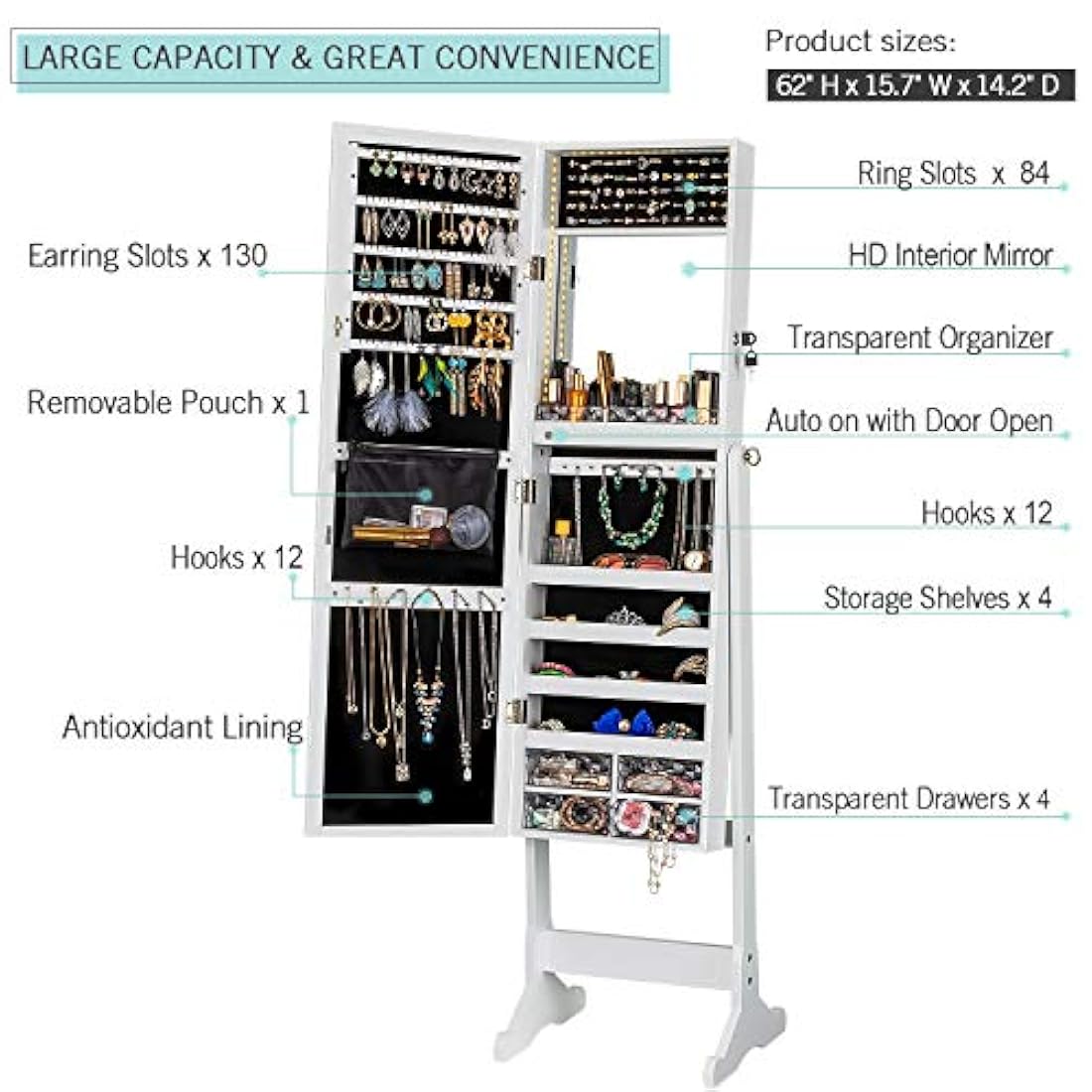 Armario para joyas con luz LED, espejo de pie