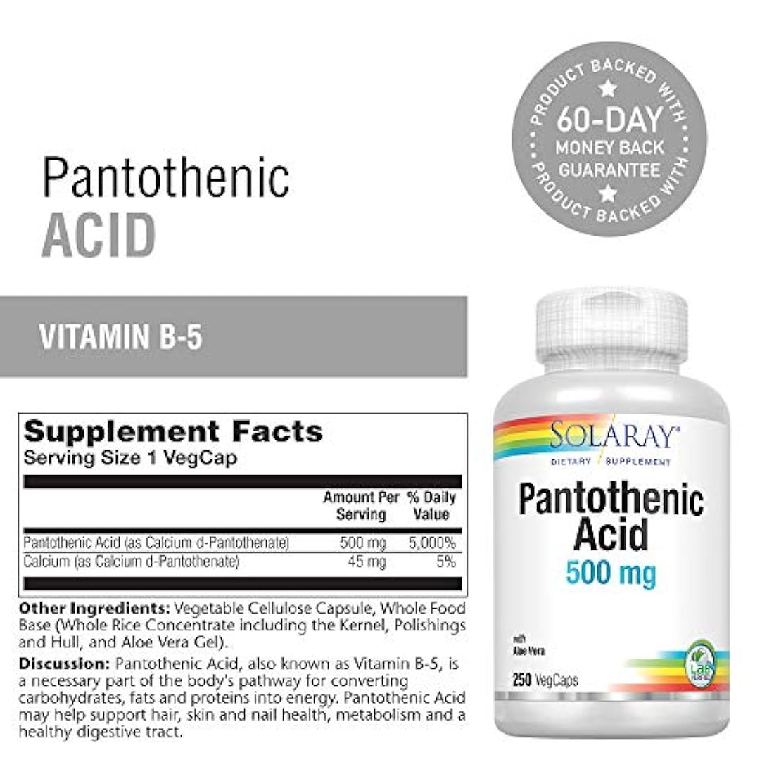Vitamina B-5 500mg metabolismo energético 250 capsulas