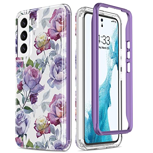 ESDOT Funda para Samsung Galaxy S22, grado militar, prueba de caídas de 21 pies, funda resistente con diseños de moda para mujeres y niñas, funda protectora para Galaxy S22 de 6.1 pulgadas, flores moradas y rosas