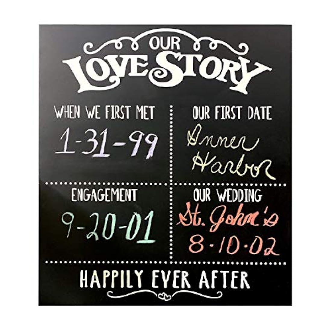 Pizarra con texto en inglés «Our Love Story»