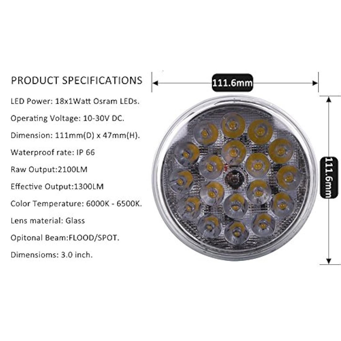 Luz LED PAR36 18 W para tractores, aplicaciones industriales