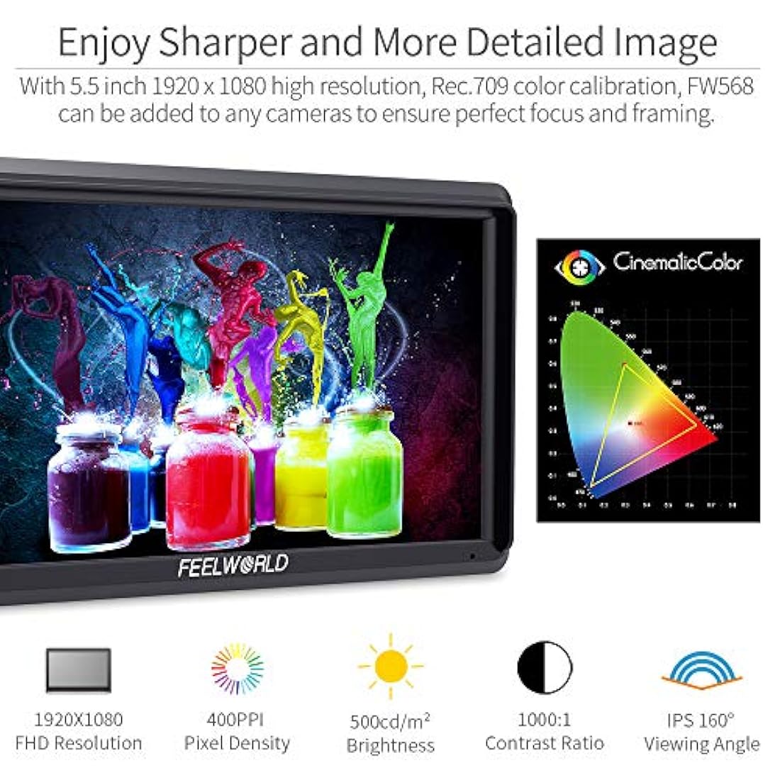 FEELWORLD FW568 - Monitor de campo para cámara réflex digital de 5,5 pulgadas (Full HD 1920 x 1080 IPS, con salida de entrada 4K HDMI 8,4 V DC, incluye brazo inclinable)