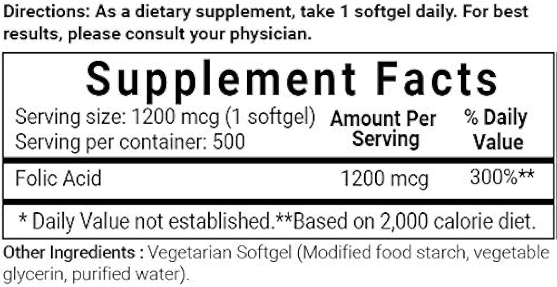 Micro Ingredientes Ácido fólico 1200mcg, 500 cápsulas blandas, Vitamina de Ácido fólico Premium, Apoya la Salud del Corazón y el Desarrollo Prenatal, sin OMG y sin gluten