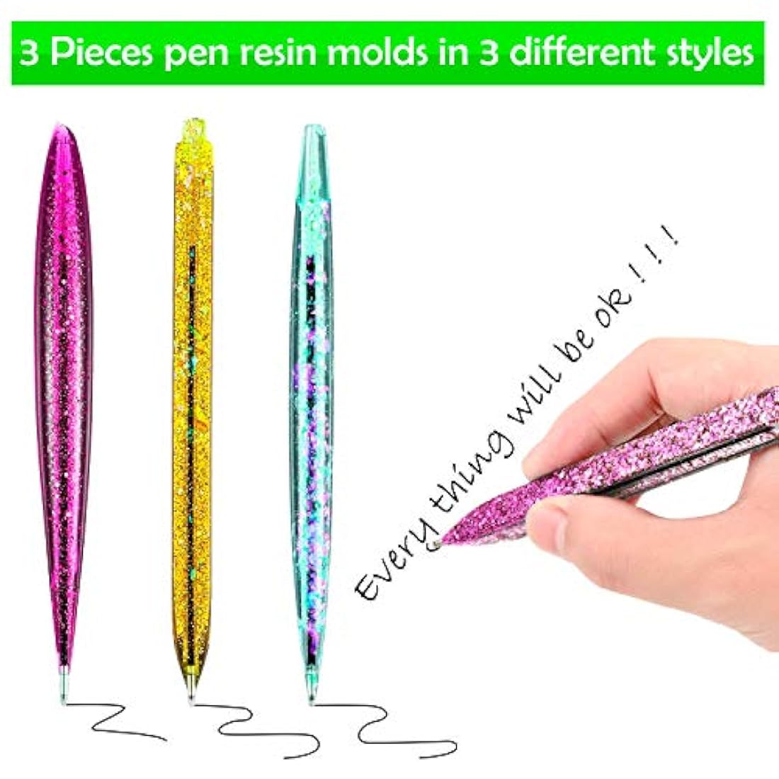 BuQiuRen - Molde de silicona para bolígrafos y bolígrafos de resina de 3 piezas con forma de bolígrafo de epoxi y 45 bolígrafos de recarga, para hacer manualidades con bolígrafos y velas, herramienta para regalo de profesor y estudiante