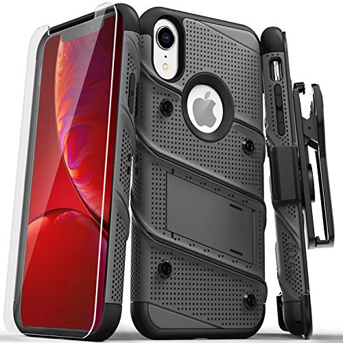 Serie Zizo Bolt funda para iPhone XR de grado militar con protector de pantalla de vidrio templado, clip de cinturón, soporte, Gun Metal Gris/Negro
