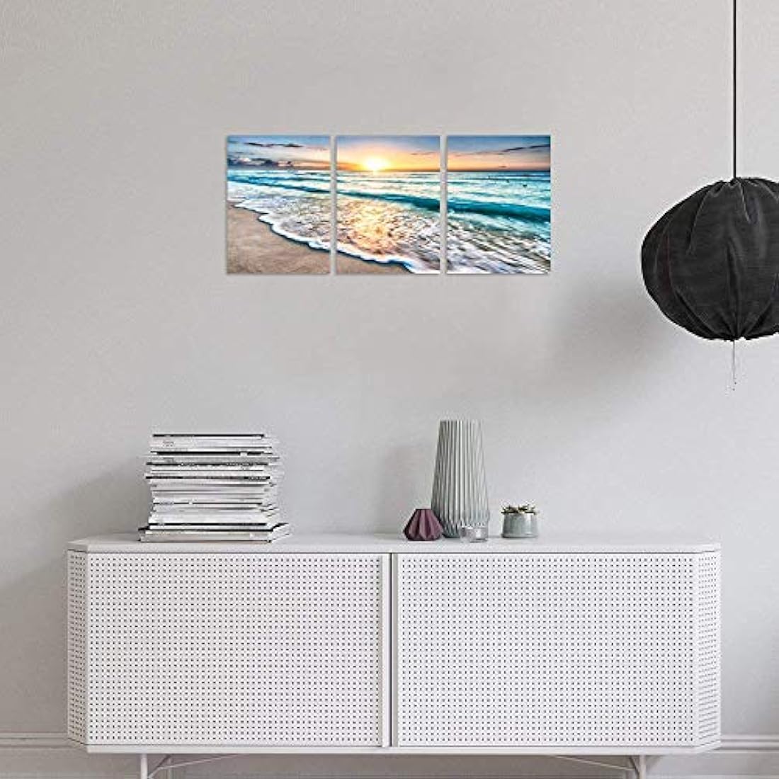 Tríptico de pared con pintura de puesta de sol en la playa