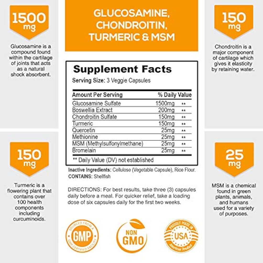 Glucosamina con suplemento de condroitina cúrcuma MSM, triple fuerza estandarizada 1500 mg con boswellia y bromelina, fabricado en Estados Unidos, para un apoyo y comodidad saludables en las articulaciones, 60 cápsulas