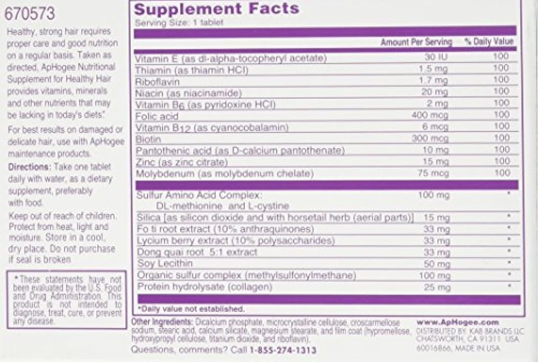 APHOGEE Suplemento vitamínico para cabello sano 30 tabletas