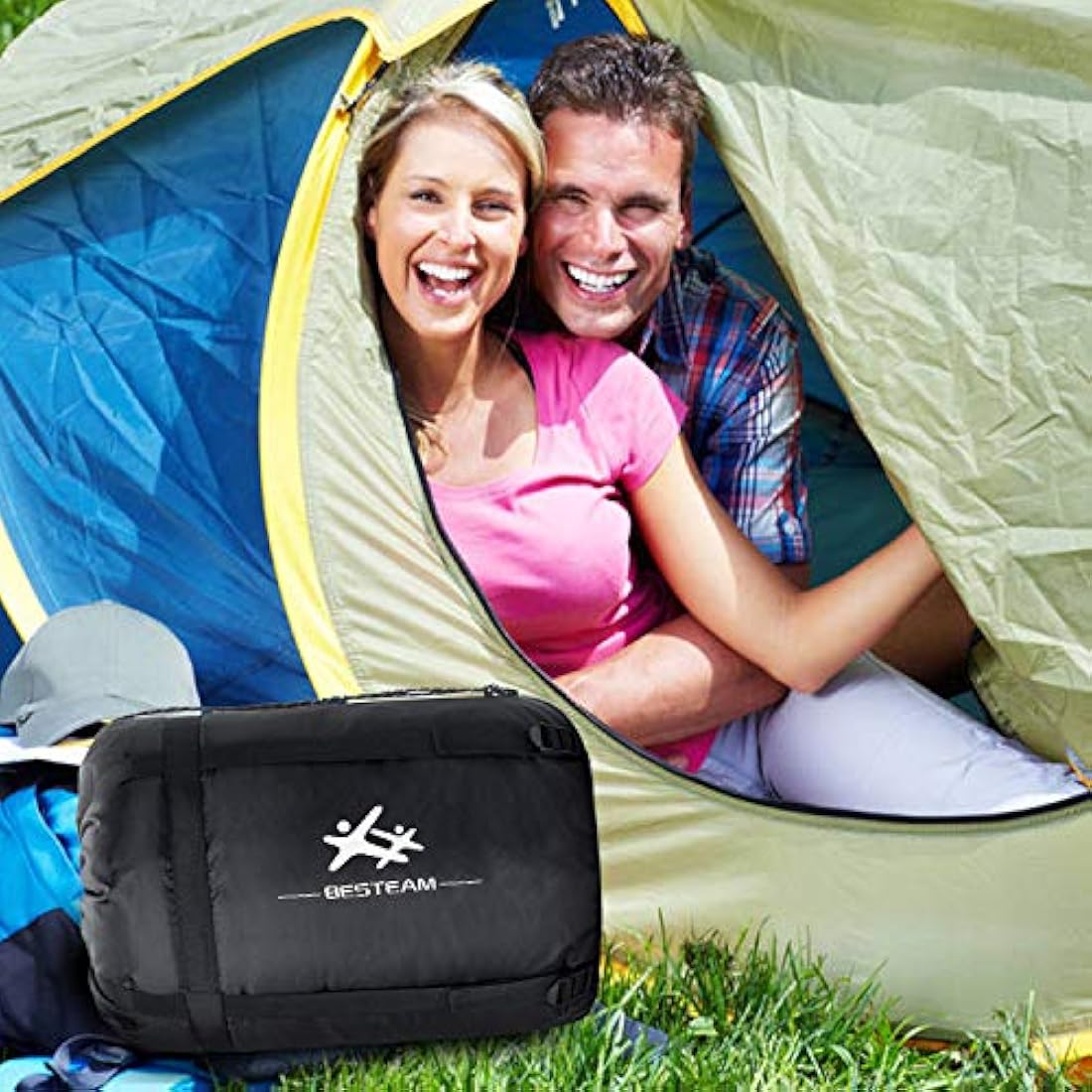 BESTEAM - saco de dormir doble color azul con almohadas