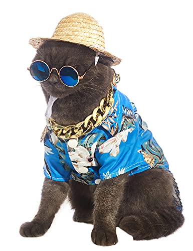Impoosy 4 piezas de disfraz de perro para mascotas, camisa hawaiana de verano, gafas de sol y sombrero de paja divertido con collar de cadena dorada para perro pequeño