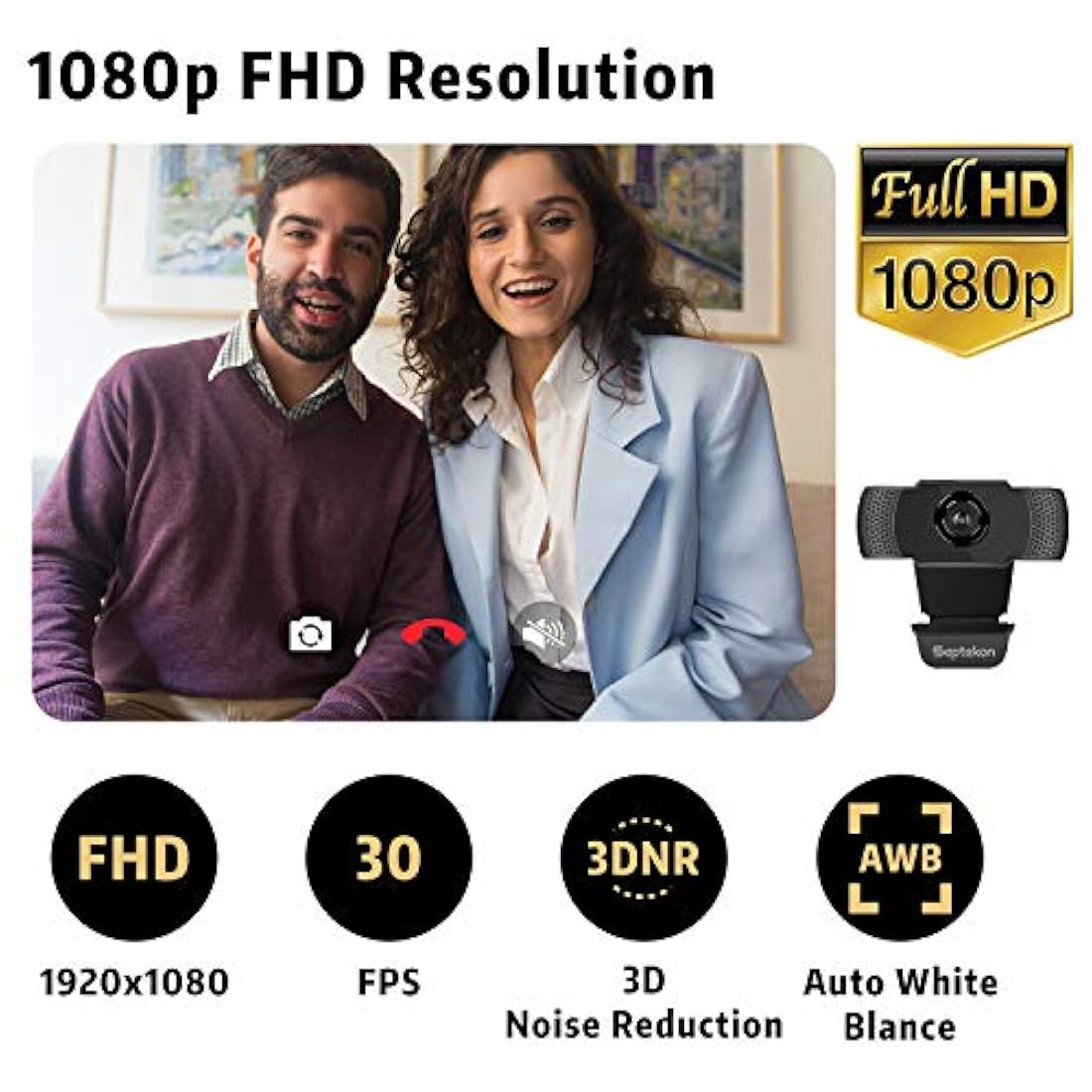 Cámara web HD 1080P con micrófono, septekon Streaming