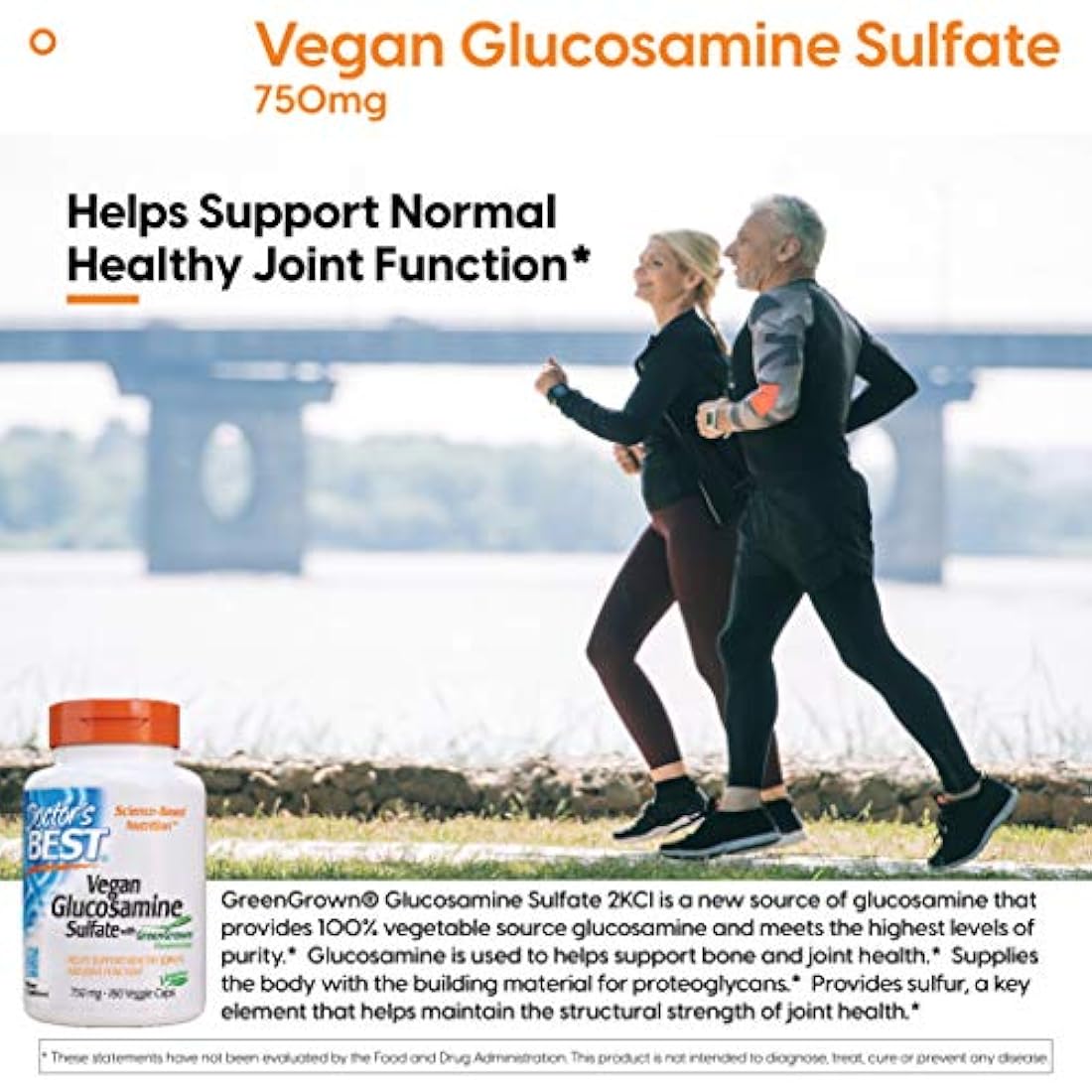 Sulfato vegano de glucosamina Doctor's Best Vegan, soporte para articulaciones, sin OMG, vegano, sin gluten, sin soja, 750 mg 180 cápsulas vegetarianas