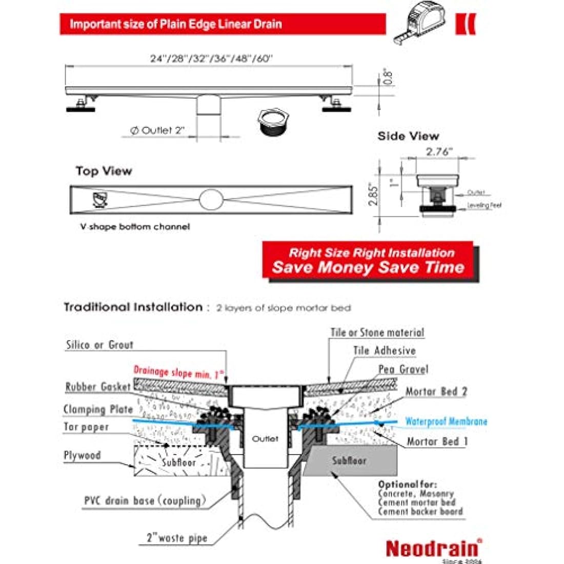 Desagüe ducha lineal rectangular de 24 pulgadas con rejilla
