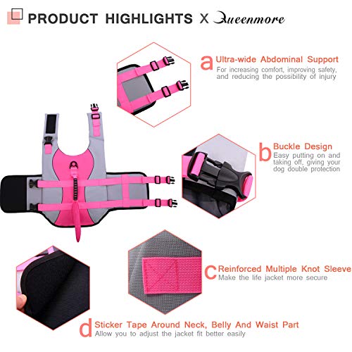 Queenmore - Chaleco salvavidas Ripstop ajustable con alta flotabilidad y asa de rescate duradera para perros pequeños, medianos y grandes.