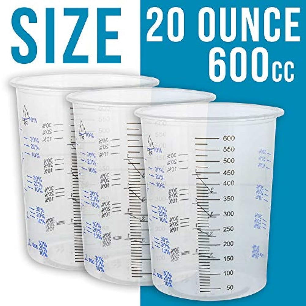 TCP Global 20 oz (20.3 fl oz) Vasos de mezcla de plástico transparente desechables y graduados - Caja de 50 tazas - Uso para pintura, resina, epoxi, arte, cocina, cocina, hornear - Proporciones de medición 2-1, 3-1, 4-1, ML