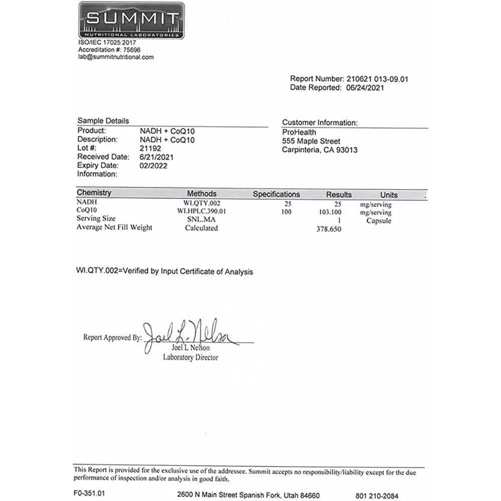 Suplemento NADH + CoQ10 60 días de suministro de NADH