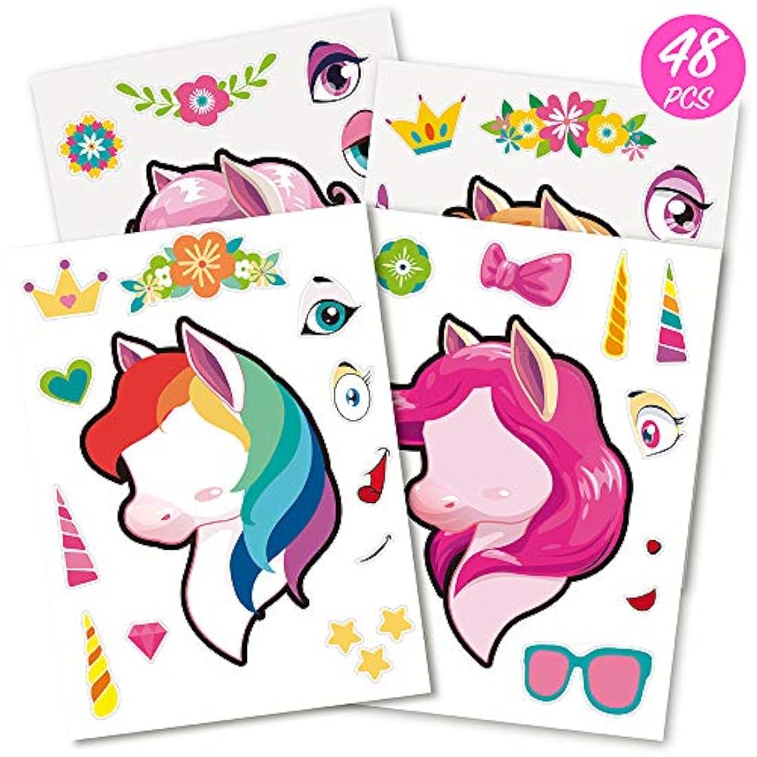 Mocoosy - 48 pegatinas de cara de unicornio para niños