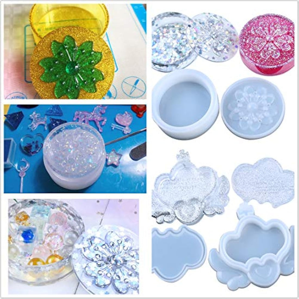 Kit de resina transparente con pigmentos y moldes y luz UV, 5 resinas epoxi 15 pigmentos de color nacarado 24 purpurinas y flores 31 moldes y biseles, pendientes, pulseras, anillos, colgantes, joyería, con pinzas