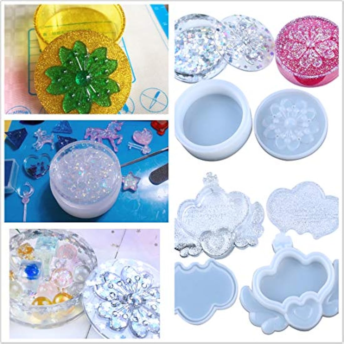 Kit de resina transparente con pigmentos y moldes y luz UV, 5 resinas epoxi 15 pigmentos de color nacarado 24 purpurinas y flores 31 moldes y biseles, pendientes, pulseras, anillos, colgantes, joyería, con pinzas