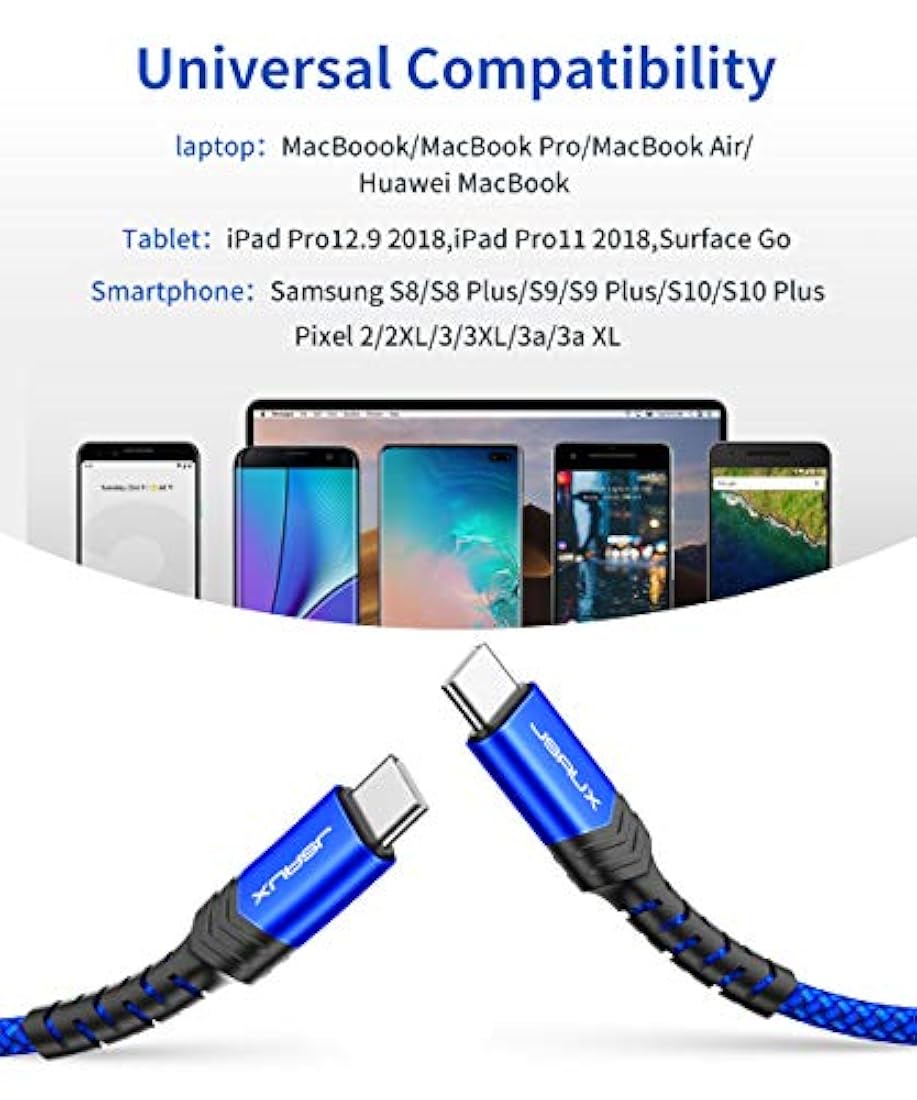 Cable USB-C a USB-C de 100 W, 10 pies, JSAUX 5 A USB tipo C