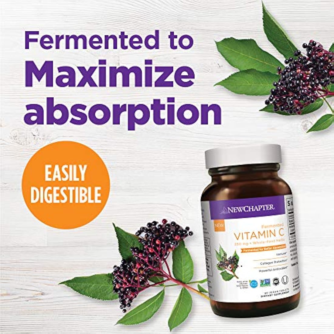 Vitamina C + Elderberry para inmunidad, nuevo capítulo, vitamina C fermentada, hierbas de alimentos enteros + protección de colágeno, un día a día, 100% vegetariano, sin gluten – 60 ct (suministro de 2 meses)
