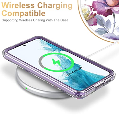 ESDOT Funda para Samsung Galaxy S22, grado militar, prueba de caídas de 21 pies, funda resistente con diseños de moda para mujeres y niñas, funda protectora para Galaxy S22 de 6.1 pulgadas, flores moradas y rosas