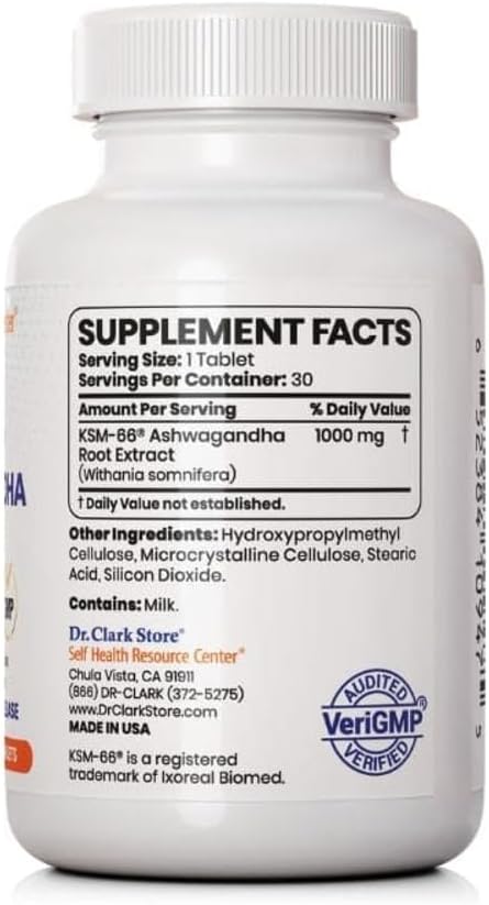 Suplemento Ashwagandha 1000 mg Dr Clark, 30 Tabletas