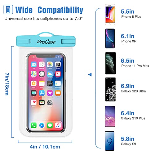 ProCase - Funda impermeable universal para iPhone 12 Pro Max 11 Pro Max Xs Max XR X 8 7 6S, Galaxy S20 Ultra S10 S9 S8/Note10, de 9 hasta 7 pulgadas (4 unidades, azul, verde, rosado, amarillo)