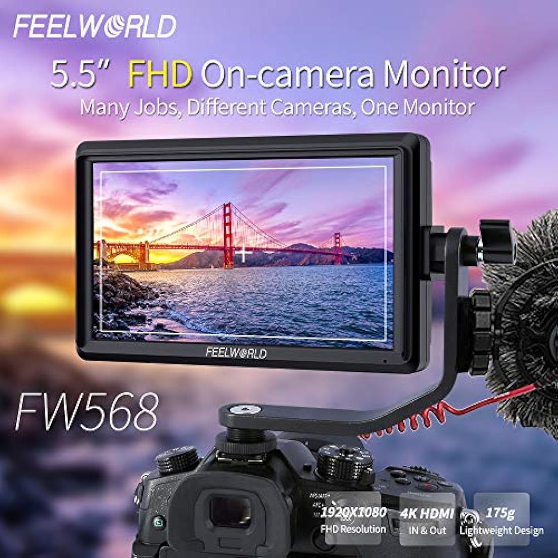 FEELWORLD FW568 - Monitor de campo para cámara réflex digital de 5,5 pulgadas (Full HD 1920 x 1080 IPS, con salida de entrada 4K HDMI 8,4 V DC, incluye brazo inclinable)