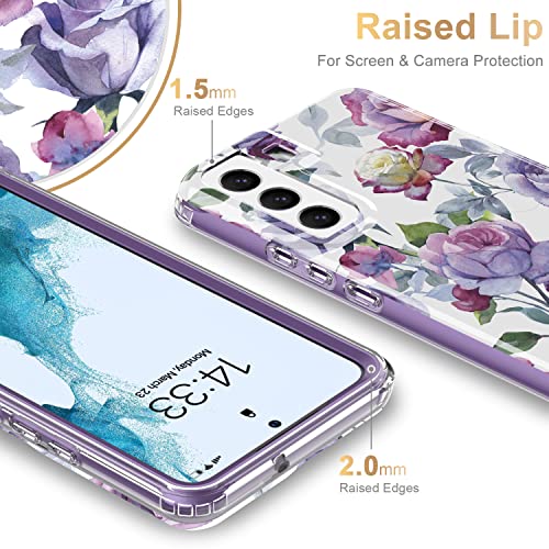 ESDOT Funda para Samsung Galaxy S22, grado militar, prueba de caídas de 21 pies, funda resistente con diseños de moda para mujeres y niñas, funda protectora para Galaxy S22 de 6.1 pulgadas, flores moradas y rosas