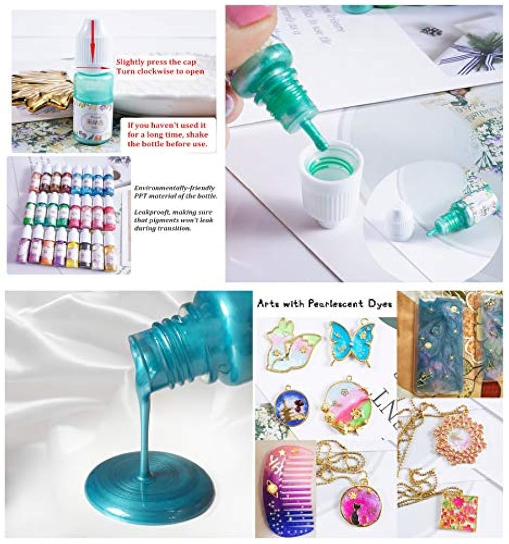 Kit de resina transparente con pigmentos y moldes y luz UV, 5 resinas epoxi 15 pigmentos de color nacarado 24 purpurinas y flores 31 moldes y biseles, pendientes, pulseras, anillos, colgantes, joyería, con pinzas