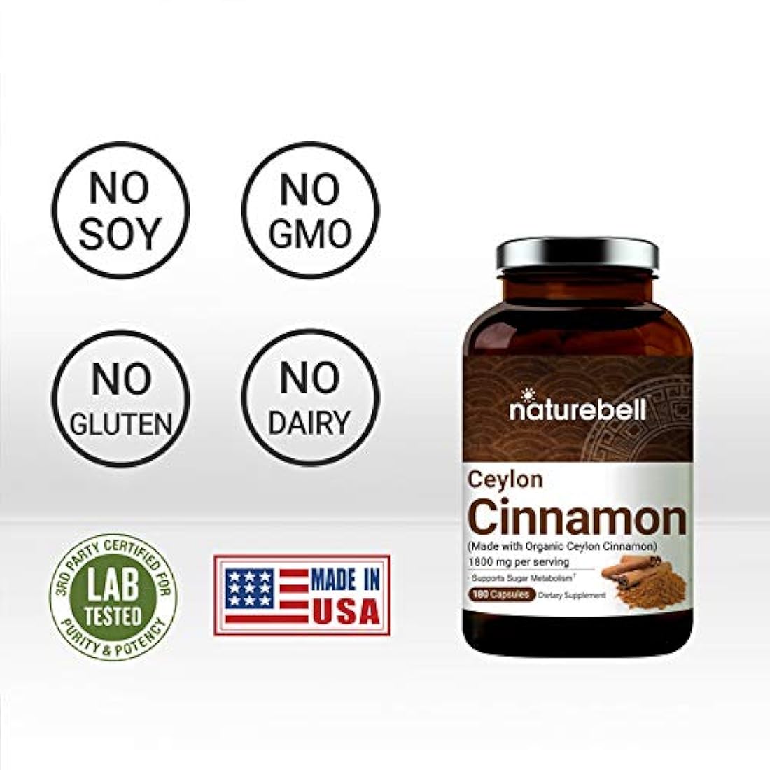 NatureBell Suplementos orgánicos de caña de Ceilán, 1800 mg