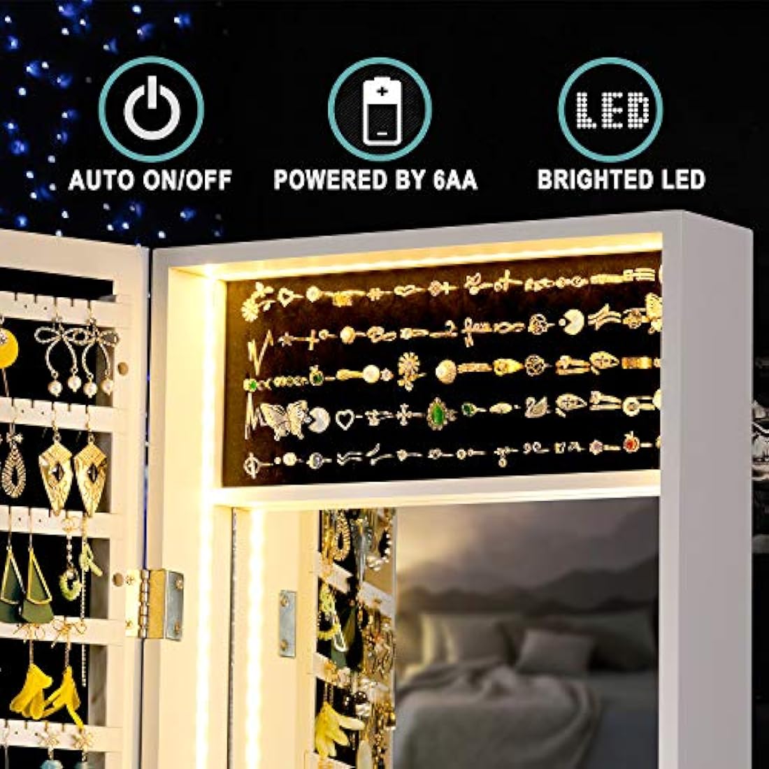 Armario para joyas con luz LED, espejo de pie