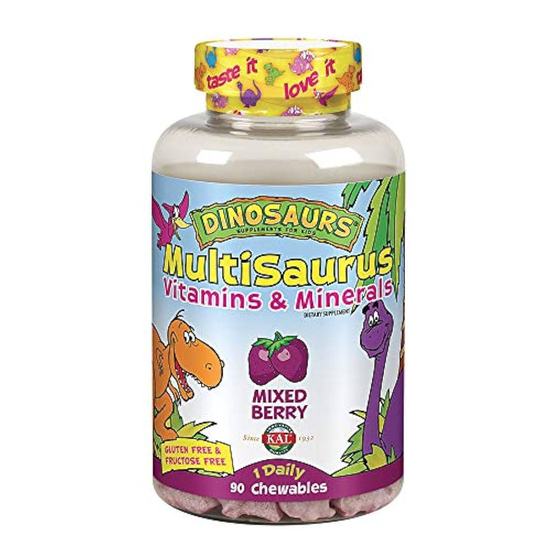Vitaminas y minerales KAL para niños multisaurus | Sabor a bayas mixtas | Multivitamina para niños una vez al día | 90 masticables