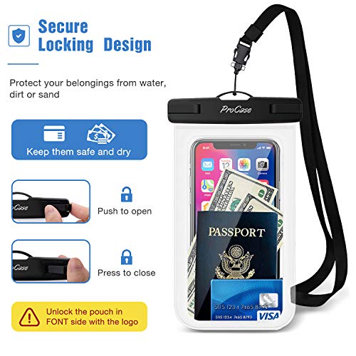 ProCase - Funda impermeable universal para iPhone 12 Pro Max 11 Pro Max Xs Max XR X 8 7 6S, Galaxy S20 Ultra S10 S9 S8/Note10, de 9 hasta 7 pulgadas (4 unidades, negro)