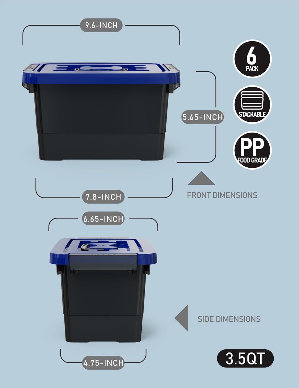 Botes Plásticos Apilables con Tapa y Asa, 3.5 Quart