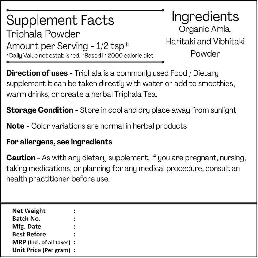 Suplemento Just Jaivik Triphala en polvo 100% orgánico 227g