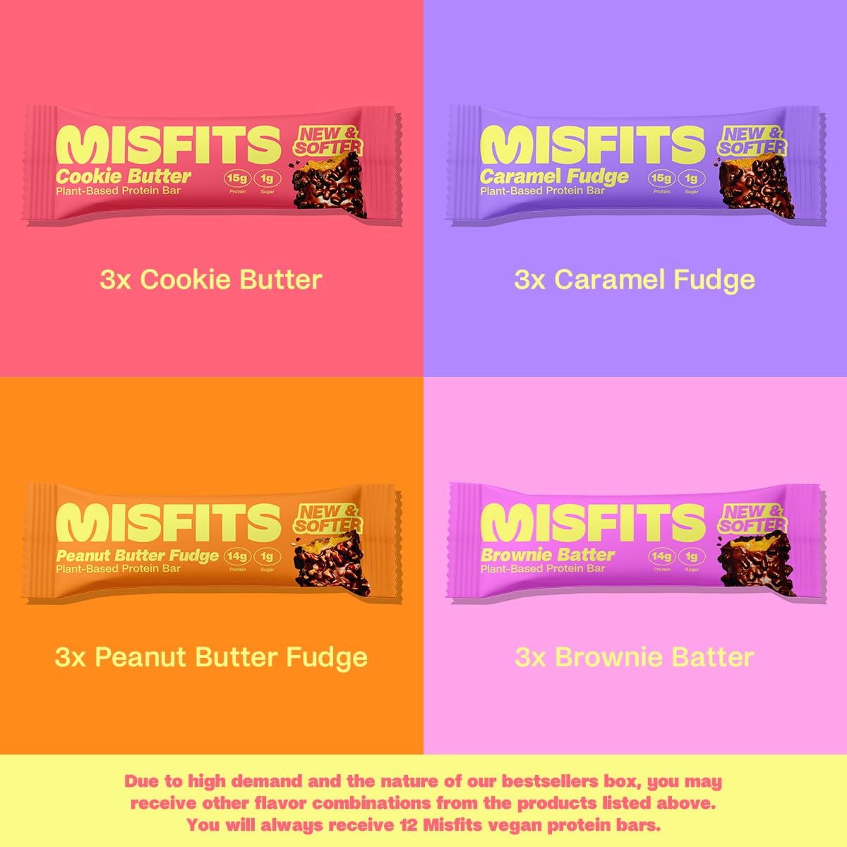 Barritas veganas Misfits, gluten free, bajo azúcar, variedad 12