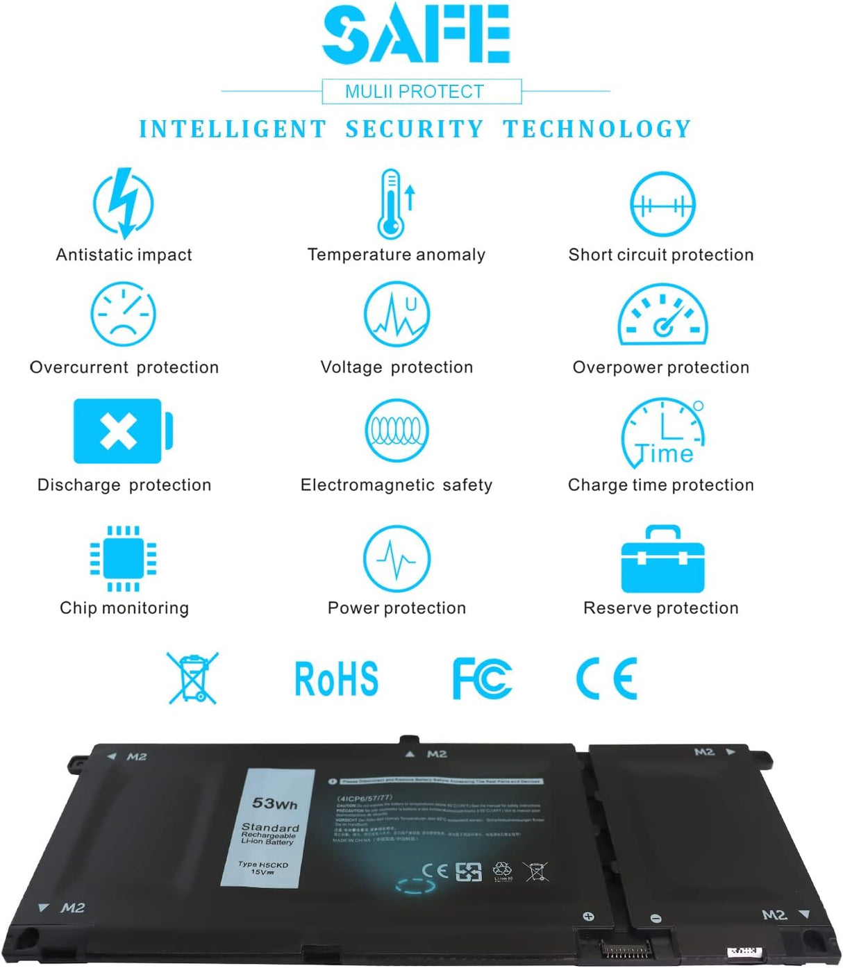 Batería para portátil de 53 Wh H5CKD de 15 V para Dell